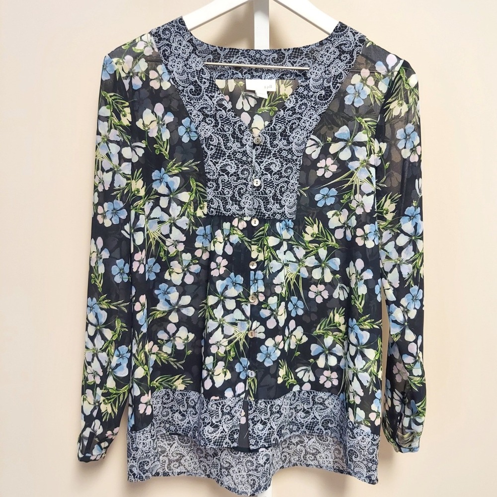 J.‎ Jill Sheer S Sheer Floral Blouse Button Down Blouse Navy Long Sleeve Cottage